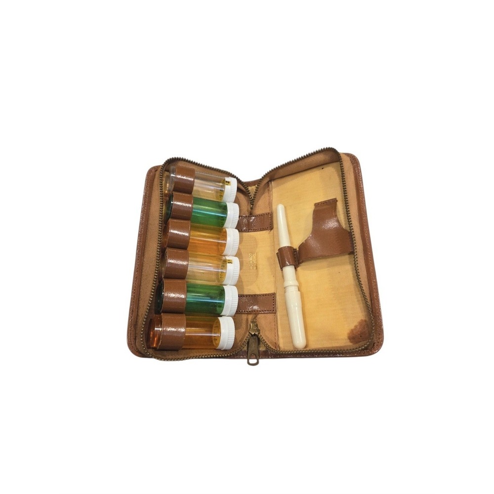 Vintage Leather Apothecary / Medical Sample Travel Kit Cowhide Vial Case 50s 60s